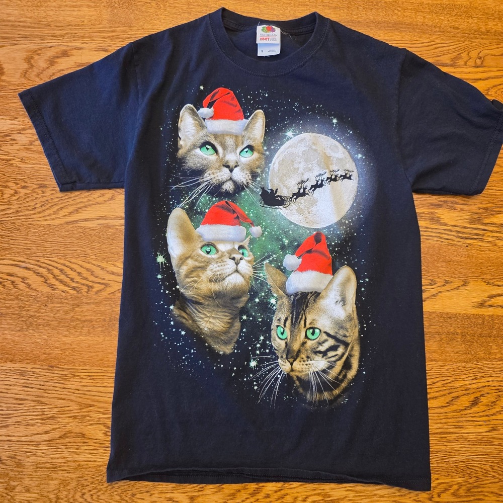 Christmas Shirt‎ Cats Santa Hats Moon Retro Graphic Tee Size S 80s 90s Y2K